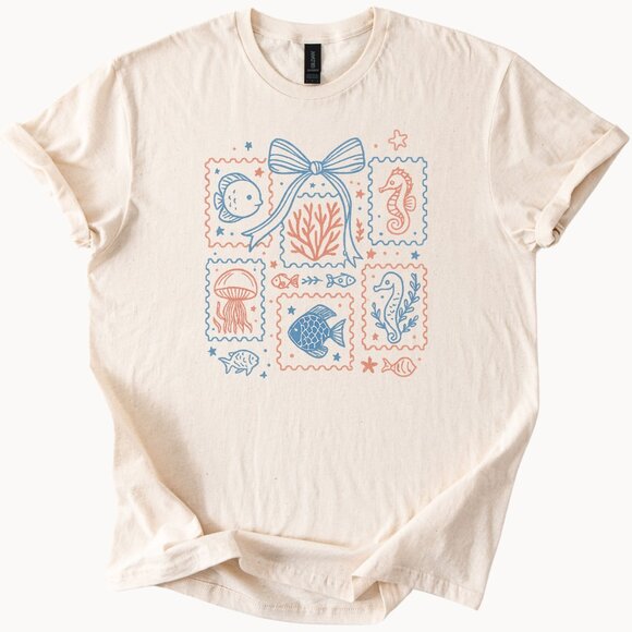 Gildan Tops - Ocean Life Stamp T Shirt Marine Animals Tee Fish Seahorse Jellyfish Design